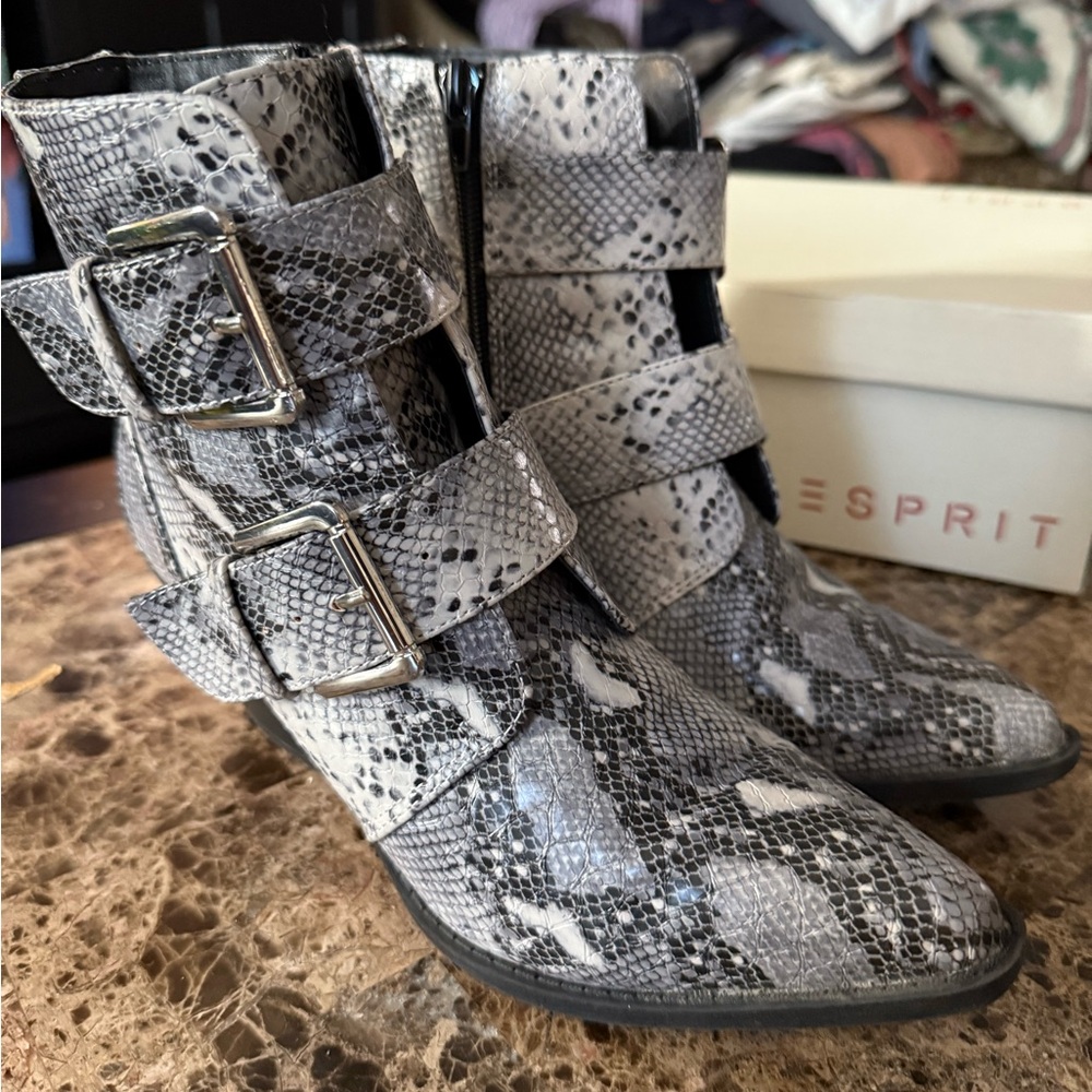 Esprit Black and White Snake Print Ankle Boots
